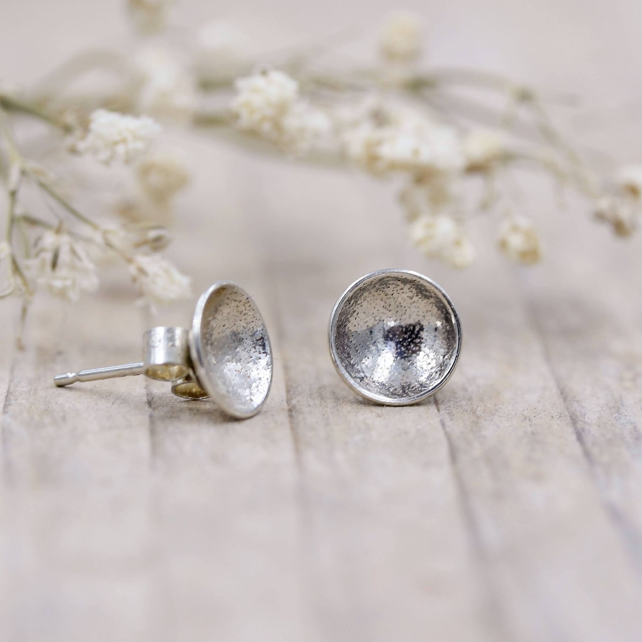 Sand textured stud earrings handmade in recycled silver by Gemma Tremayne Jewellery