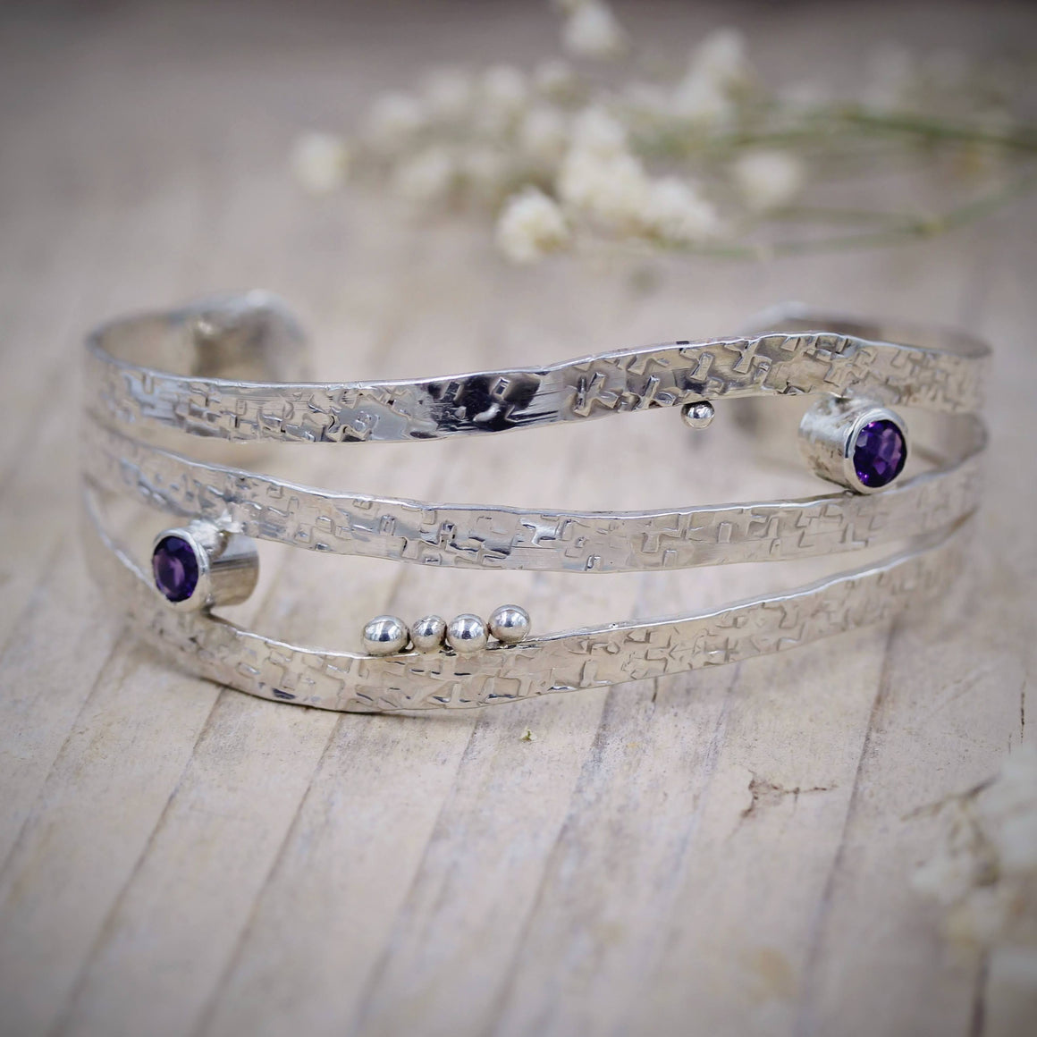 Silver and amethyst sea-inspired cuff bracelet handmade by Gemma Tremayne Jewellery