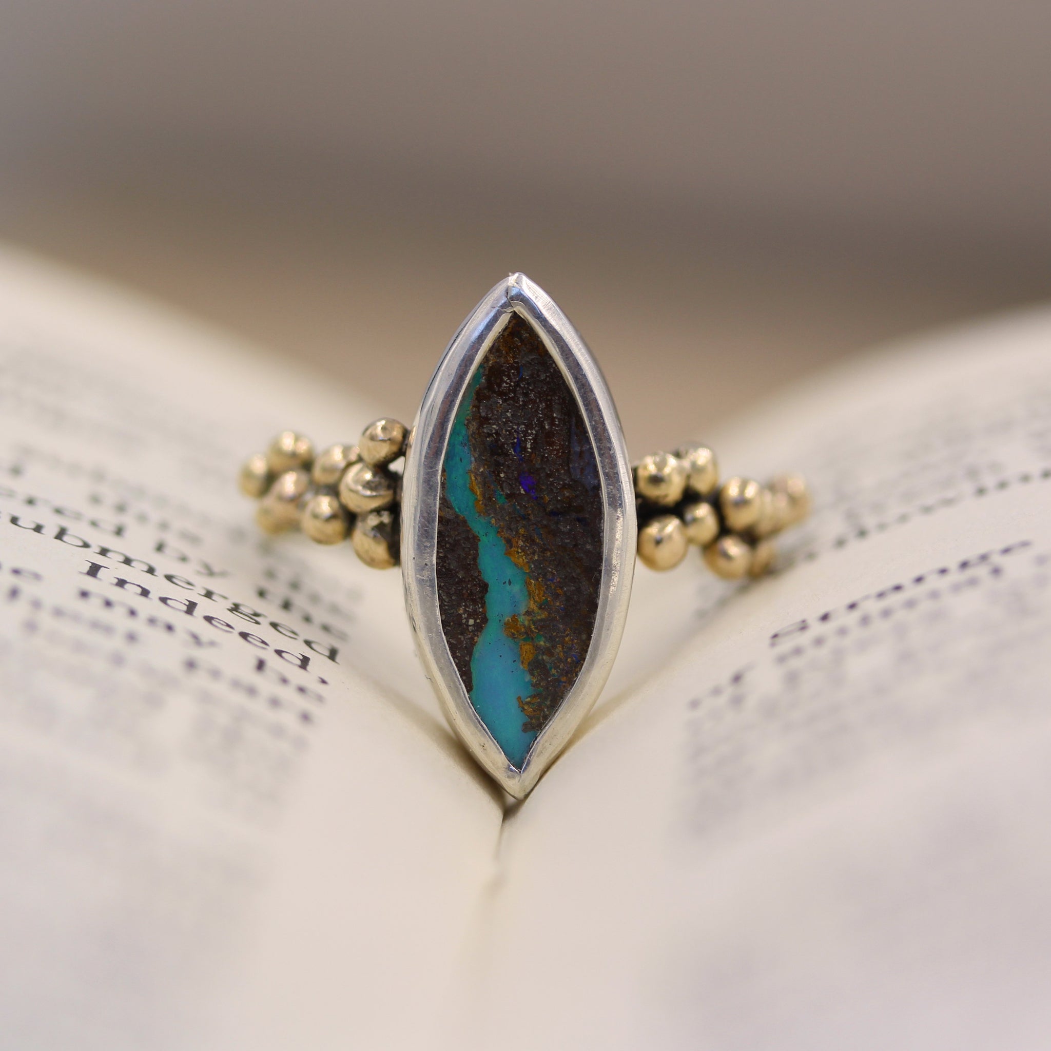 Australian Boulder Opal, silver and gold ring by Gemma Tremayne Jewellery