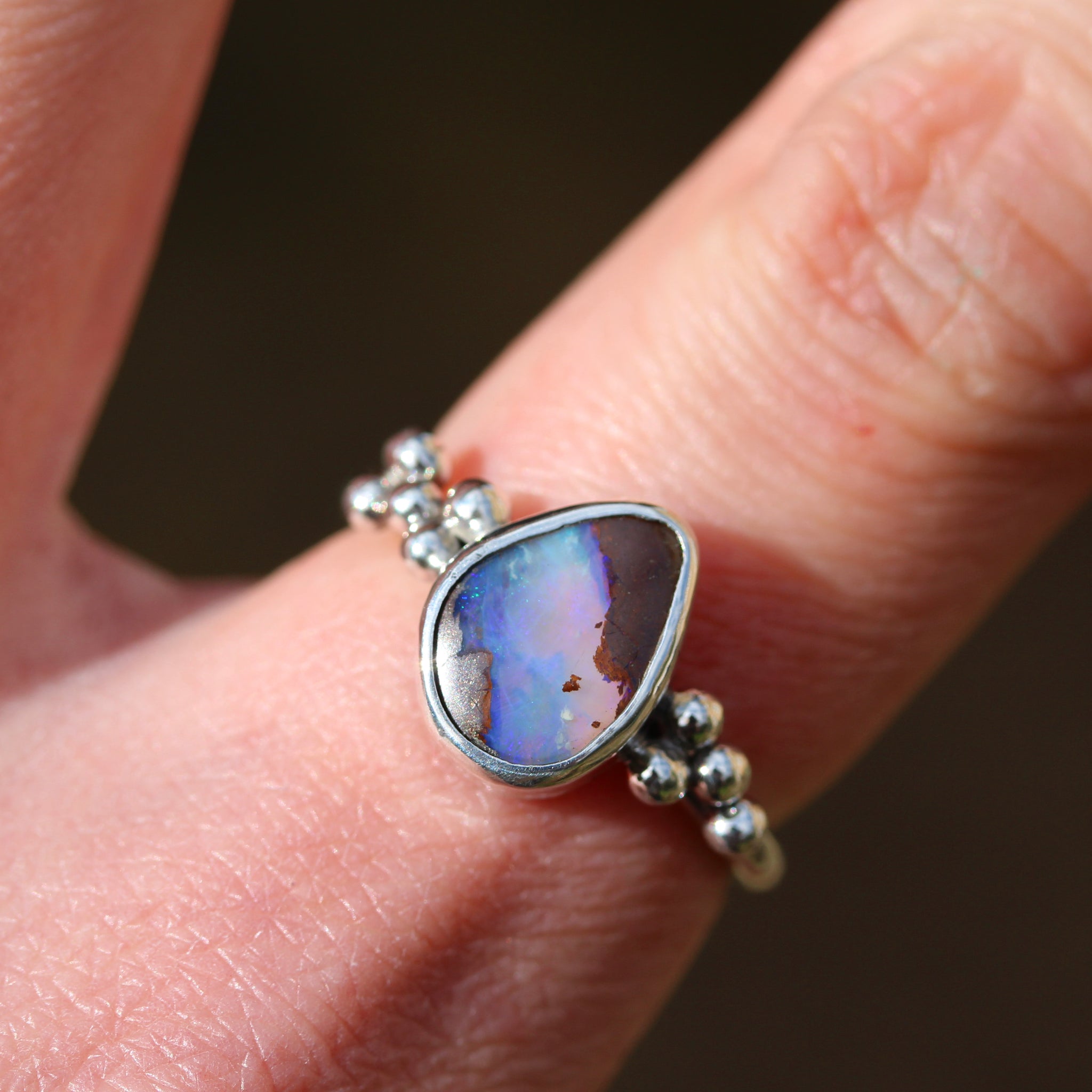 Silver and boulder opal ring handmade in recyled silver with an Australian Boulder Opal 