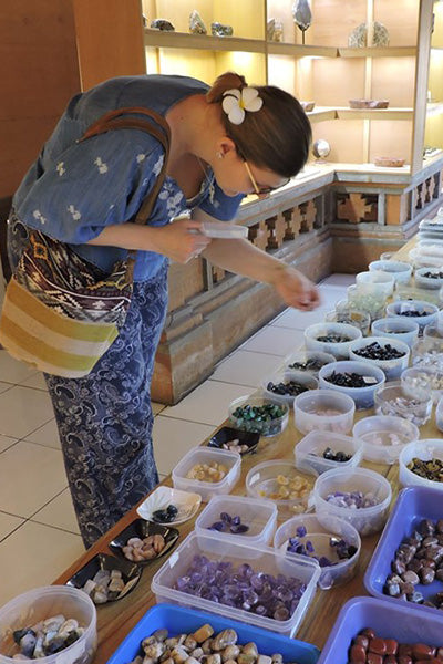 Choosing gemstones in Ubud, Bali 