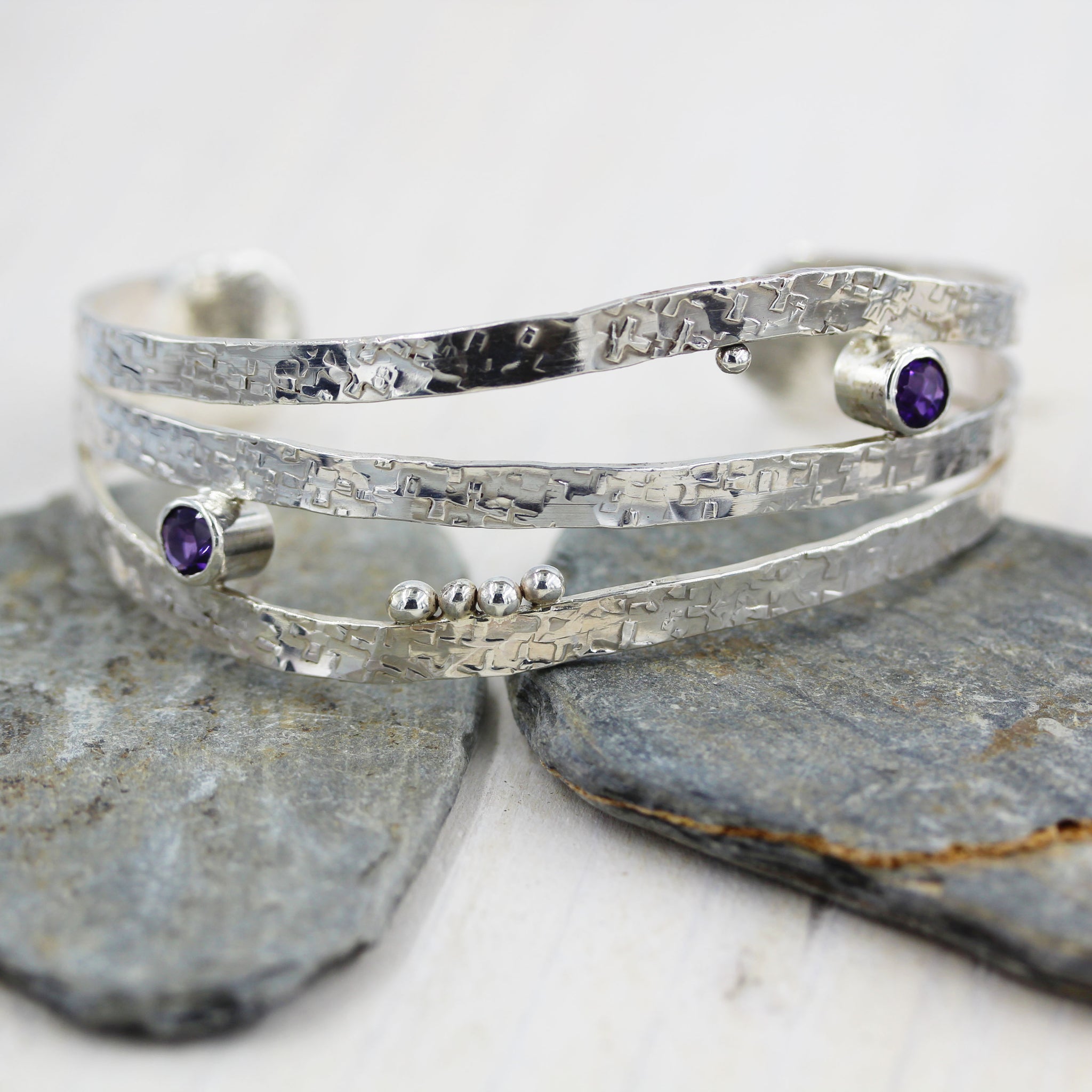 Handmade sterling silver  and amethyst sea inspired Cuff Bracelet by Gemma Tremayne Jewellery.