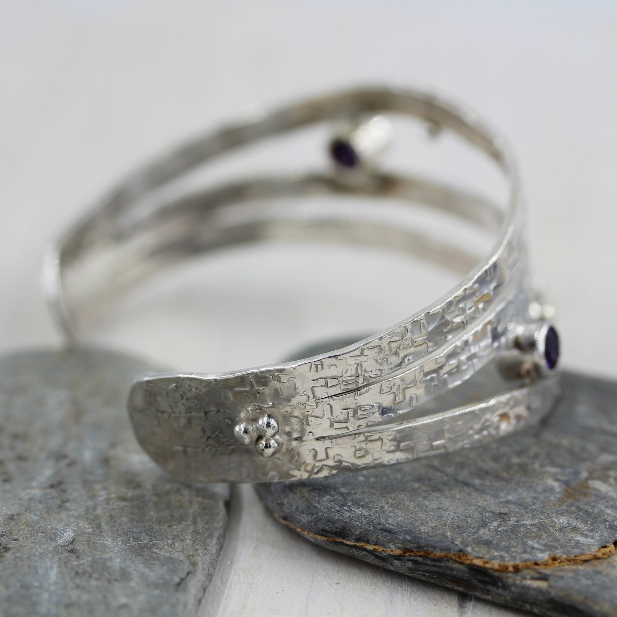Handmade sterling silver  and amethyst sea inspired Cuff Bracelet by Gemma Tremayne Jewellery.