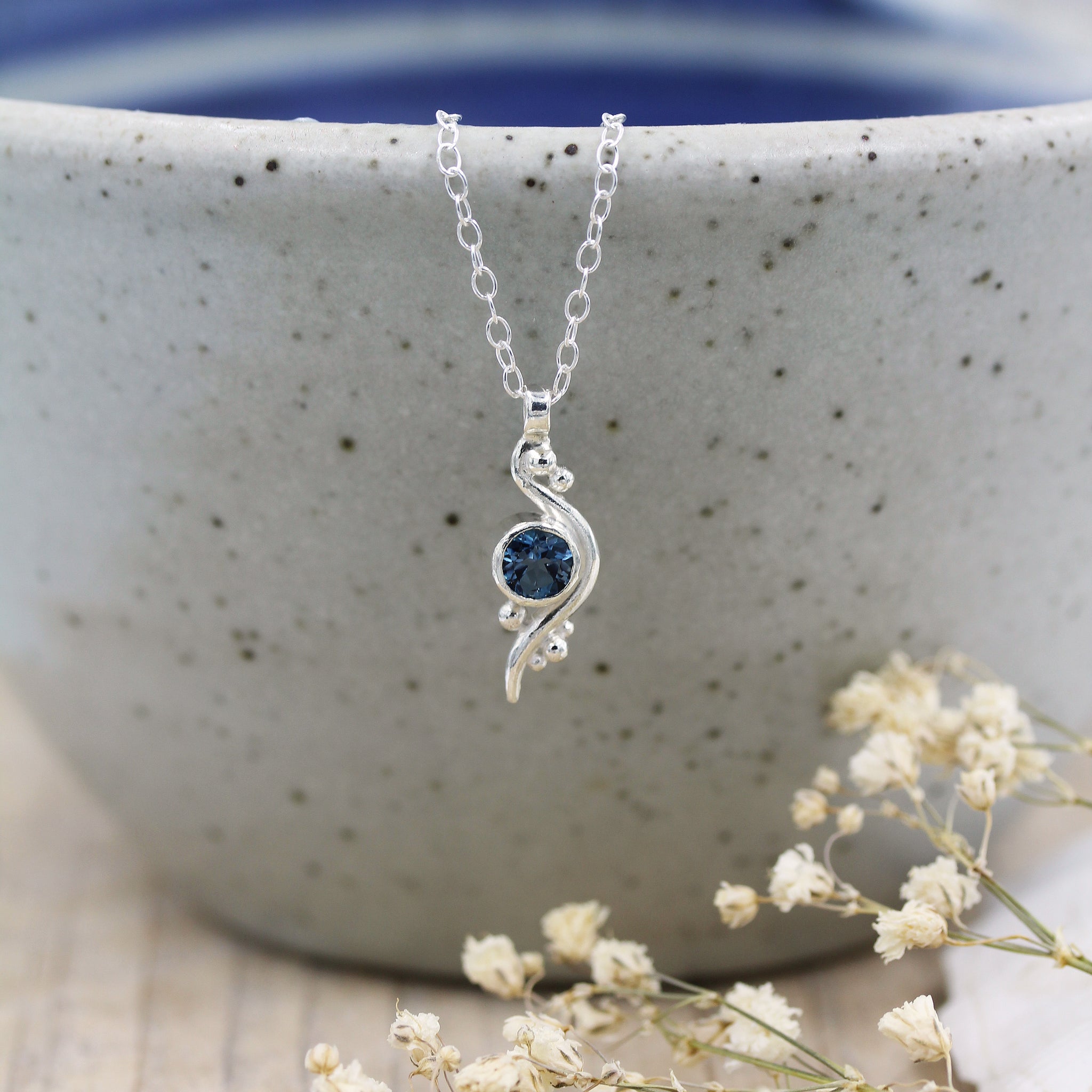 Sea Inspired necklace handmade in recycled silver and London Blue Topaz