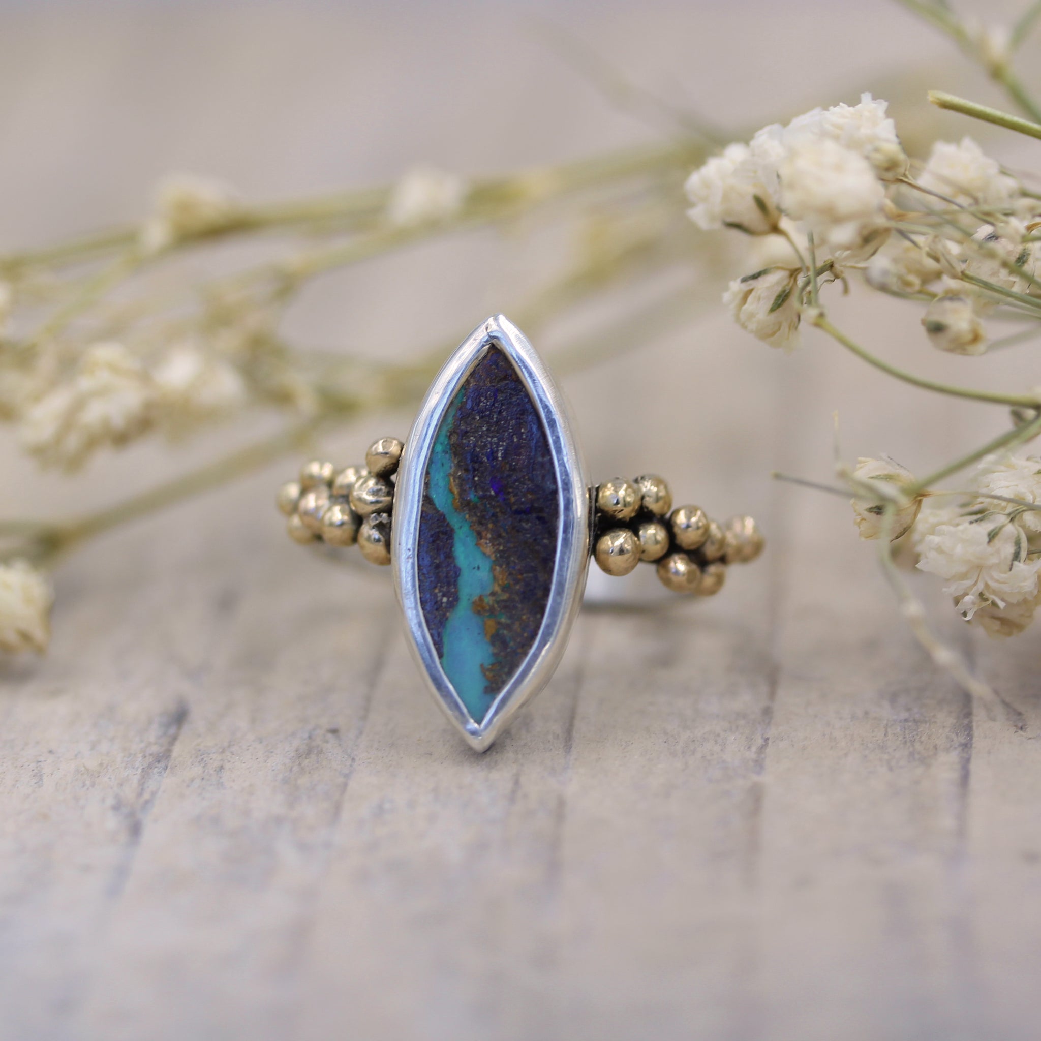 Australian Boulder Opal, silver and gold ring 