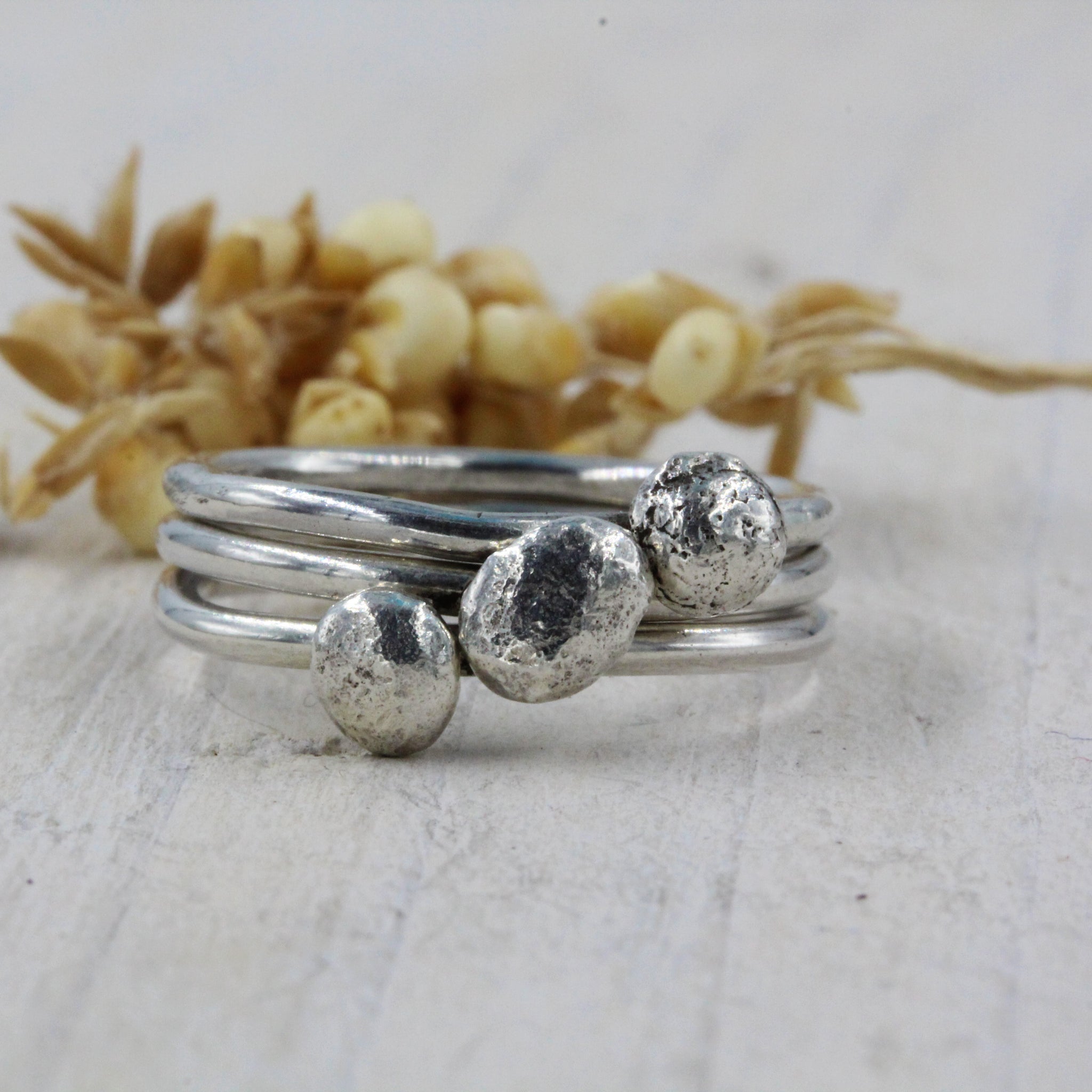 Pebbles Stacking rings, handmade in sterling silver by Gemma Tremayne Jewellery 