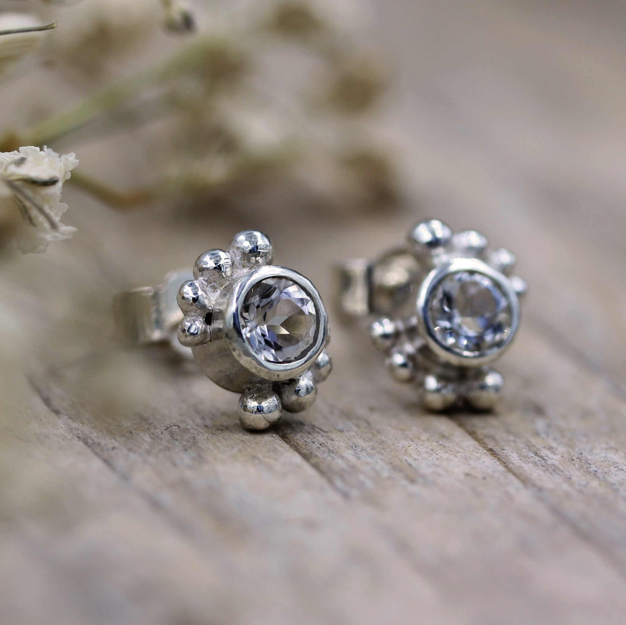 Handmade sea inspired earrings, made in 100% recycled silver and white topaz