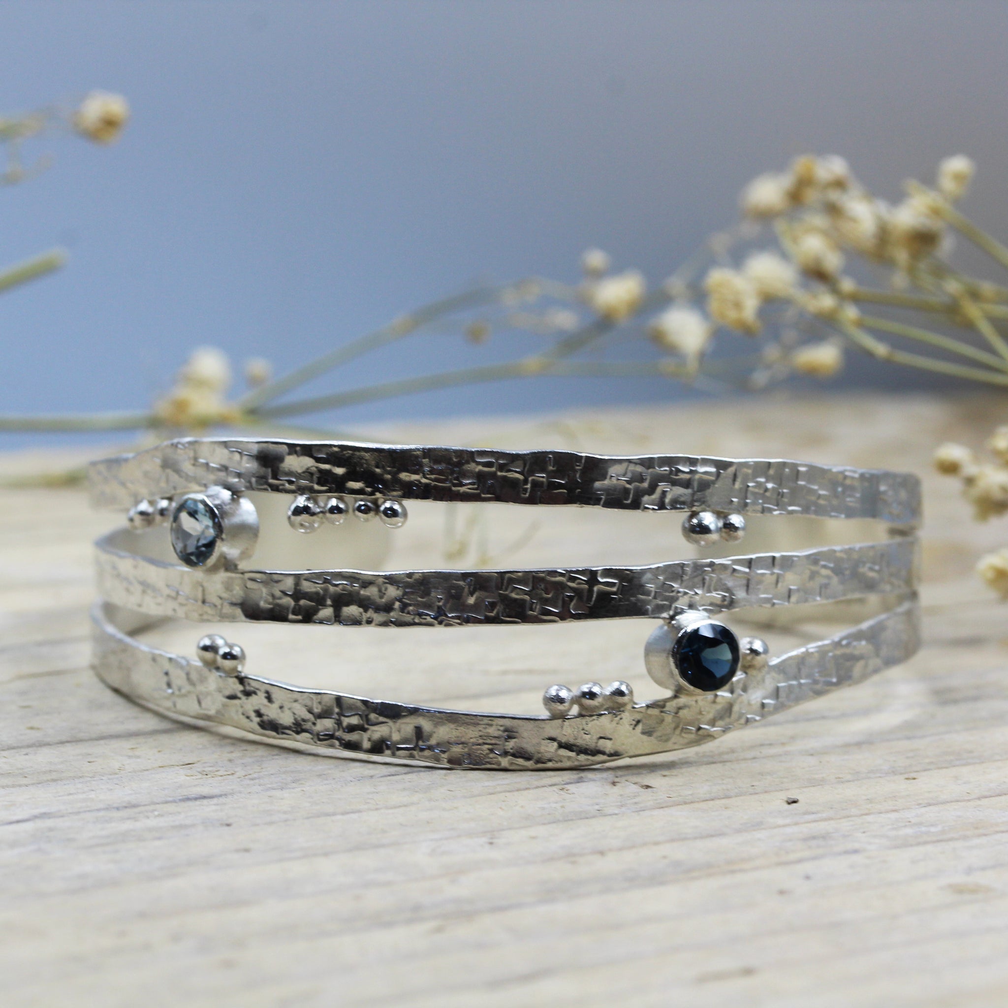 Blue topaz, sea inspired cuff bracelet, handmade in sterling silver 